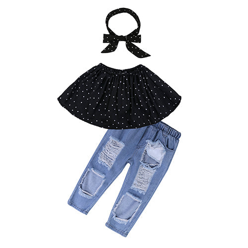 Kids Baby Girl stripe Off Shoulder Hanging neck Top + pink hole pants Outfits Clothes Summer 3Pcs Kid Girls Clothing Set Dtz376